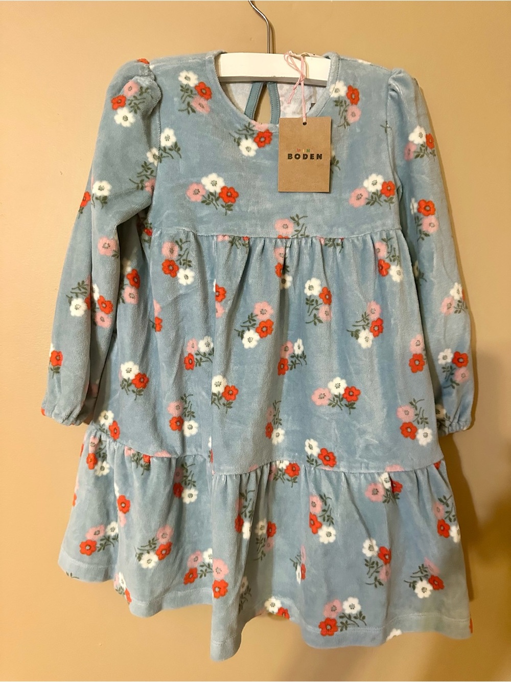 Mini Boden Girls' Blue Floral Velour Tiered Dress